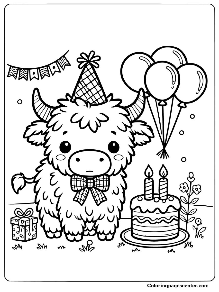 Cute highland cow at a birthday party coloring page