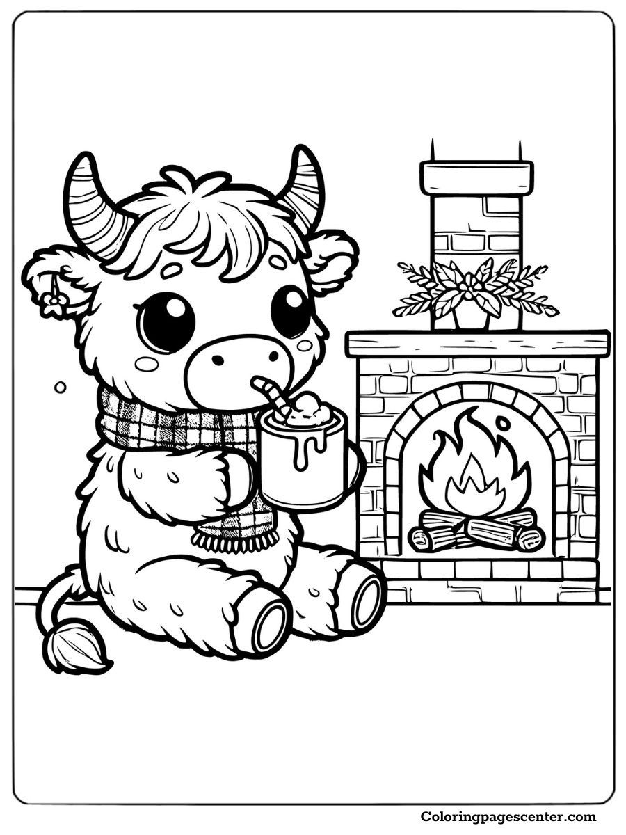 Cute highland cow sipping hot cocoa coloring page