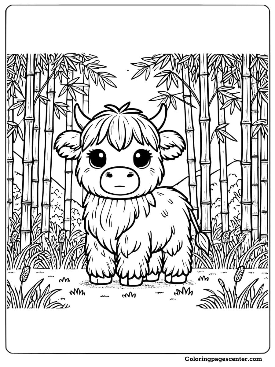 Cute highland cow standing in a bamboo forest coloring page