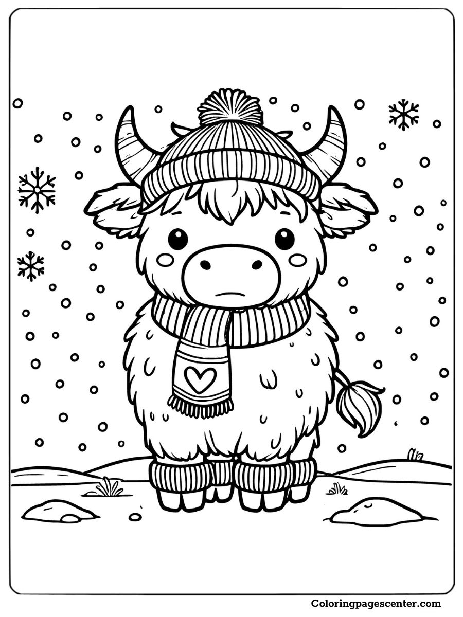 Cute highland cow in a snowy scene coloring page