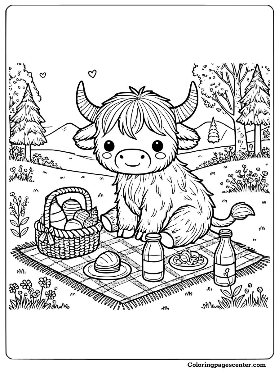 Cute highland cow enjoying a picnic coloring page