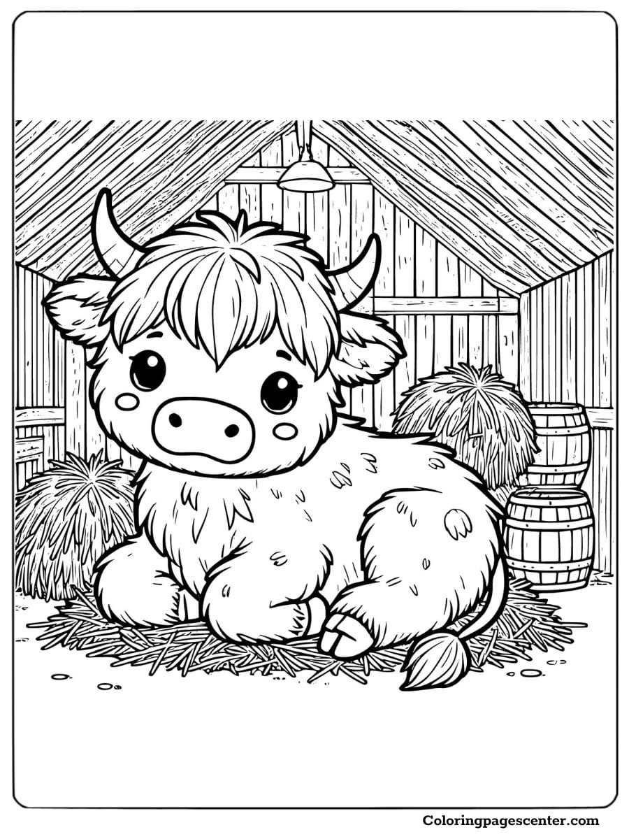 Cute highland cow resting in a barn coloring page