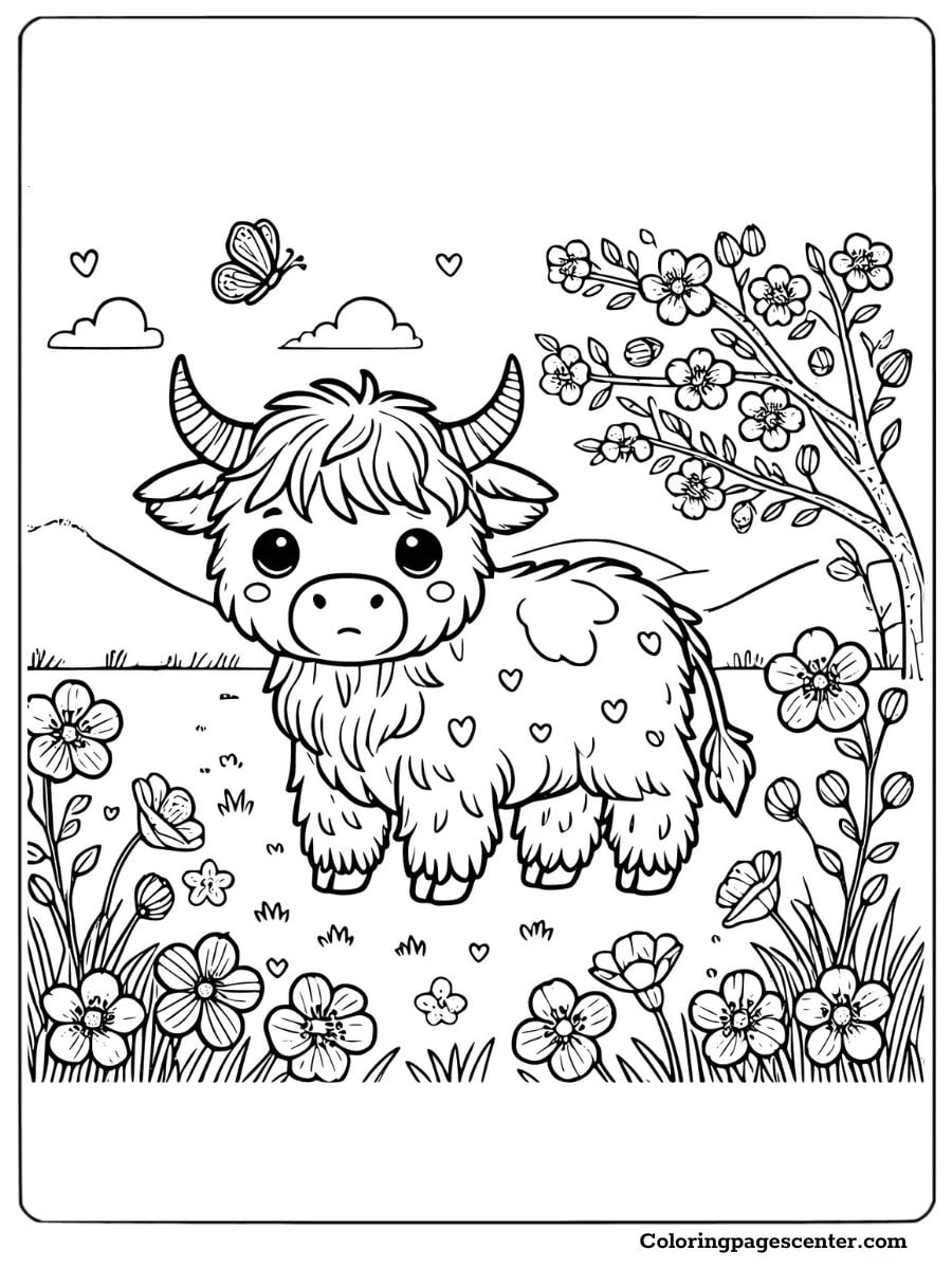 Cute highland cow with flowers and butterflies coloring page