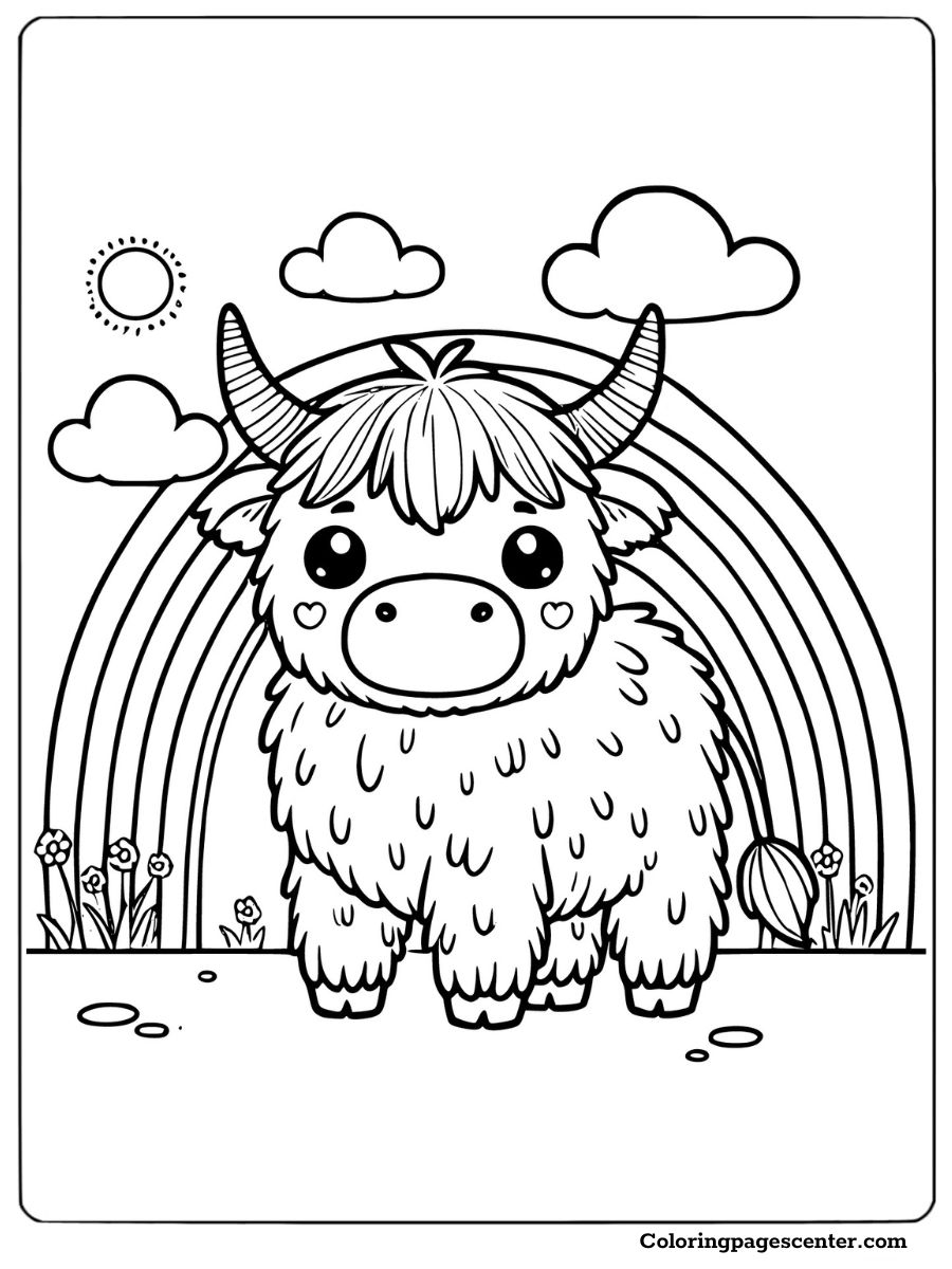 Cute highland cow under a rainbow coloring page for kids