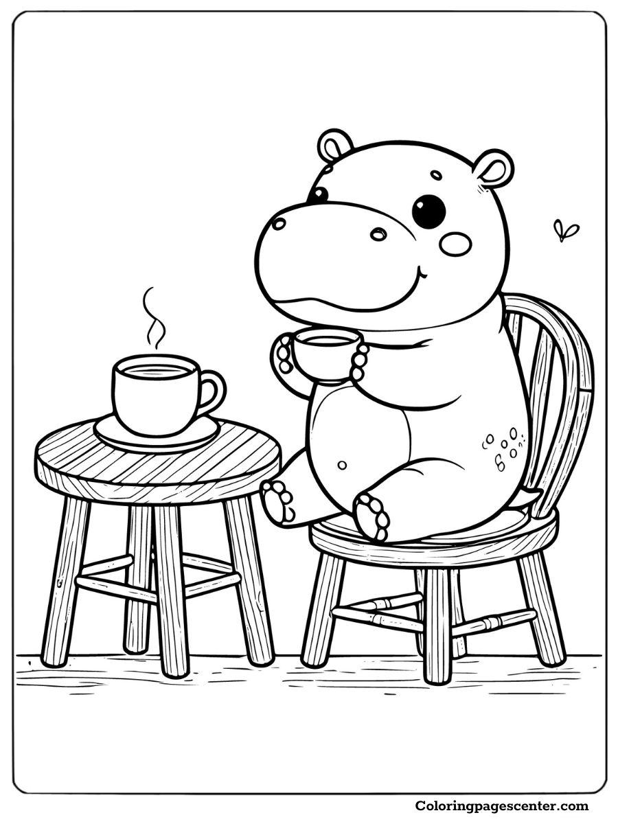 Hippo sitting on a chair enjoying tea at a small table cute hippo coloring page