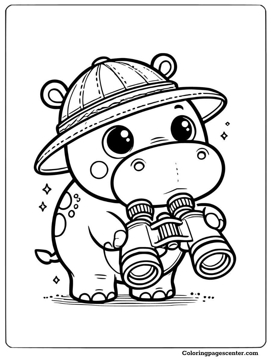 Hippo wearing a safari hat and holding binoculars cute hippo coloring page