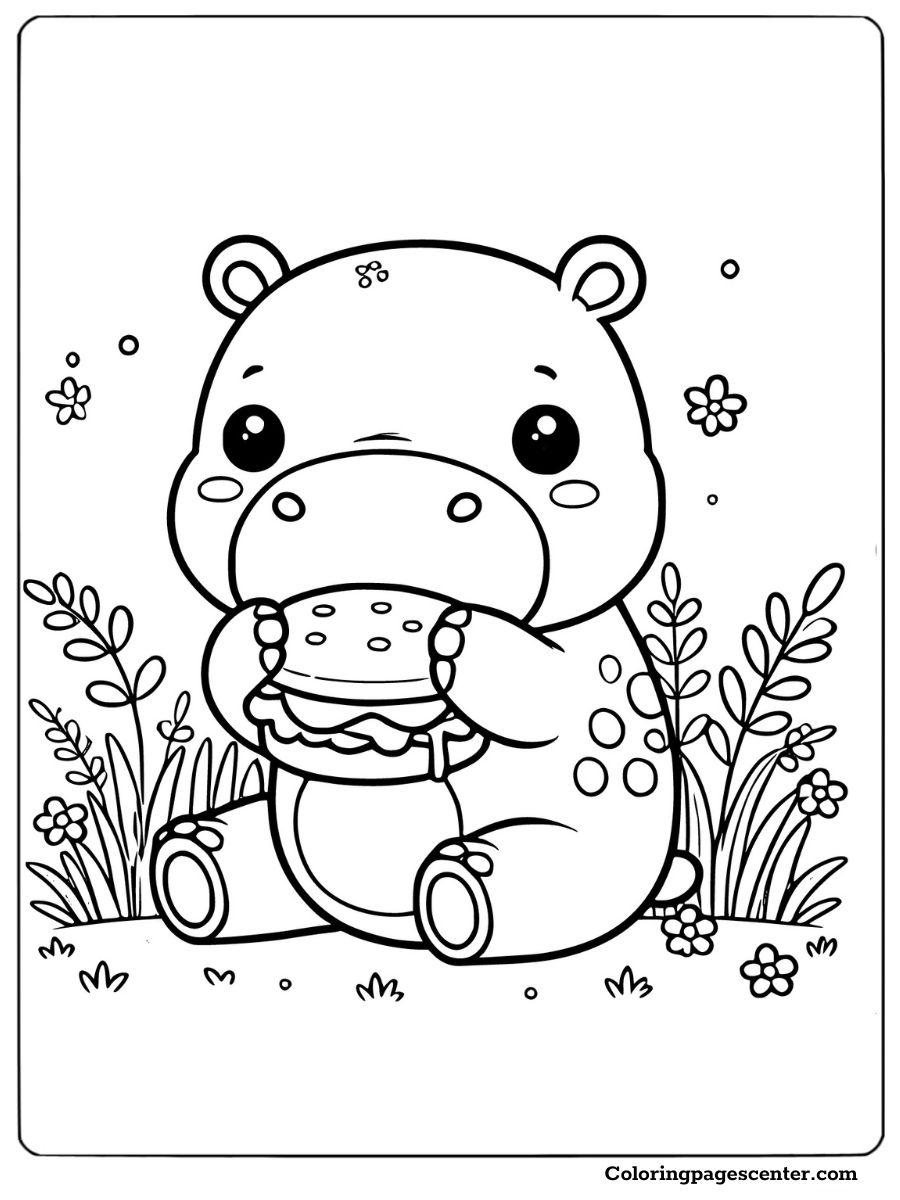 Hippo eating a burger in a field with flowers cute hippo coloring page