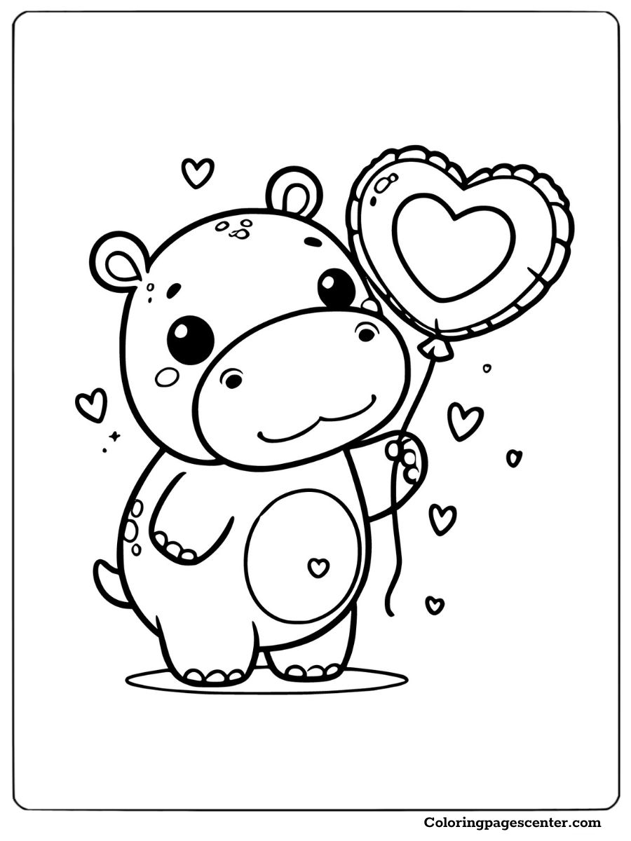 Hippo holding a heart balloon surrounded by hearts cute hippo coloring page