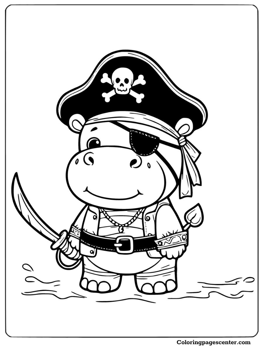 Pirate hippo wearing an eye patch and holding a sword cute hippo coloring page