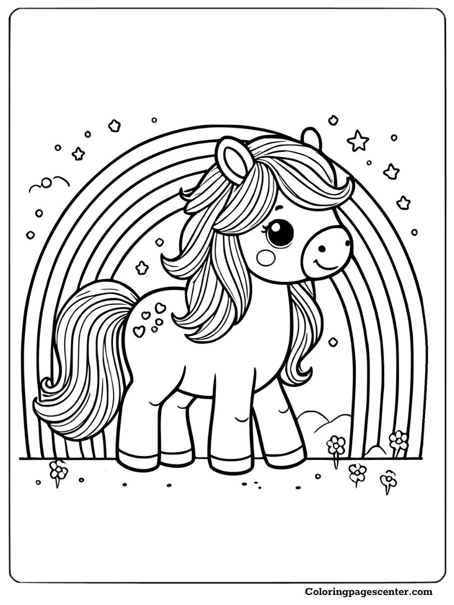 A magical horse standing under a rainbow coloring sheet