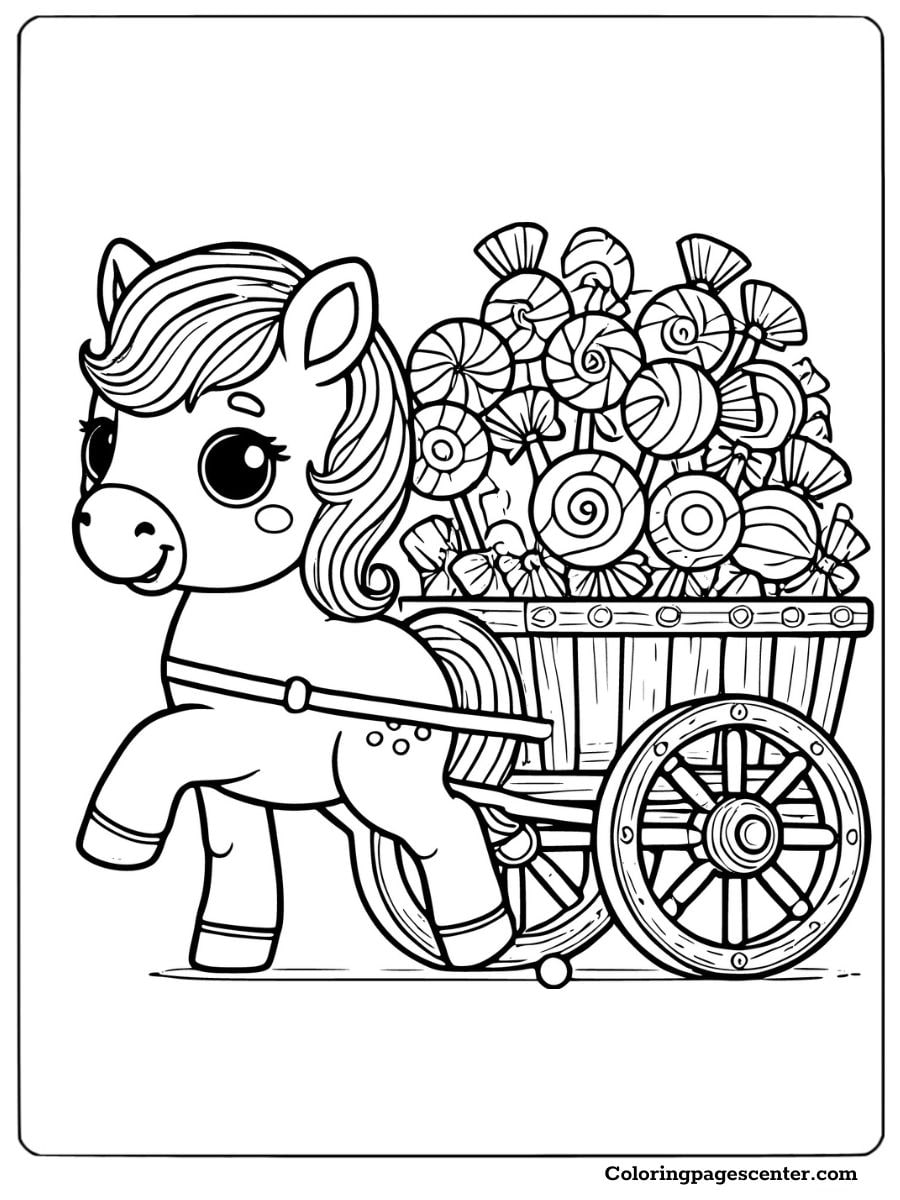 A cute horse pulling a cart full of candies coloring picture