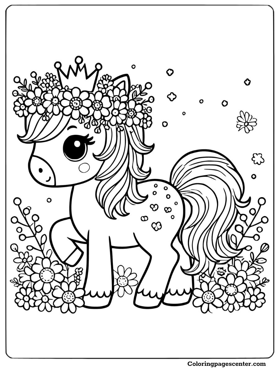 An adorable horse wearing a flower crown coloring page