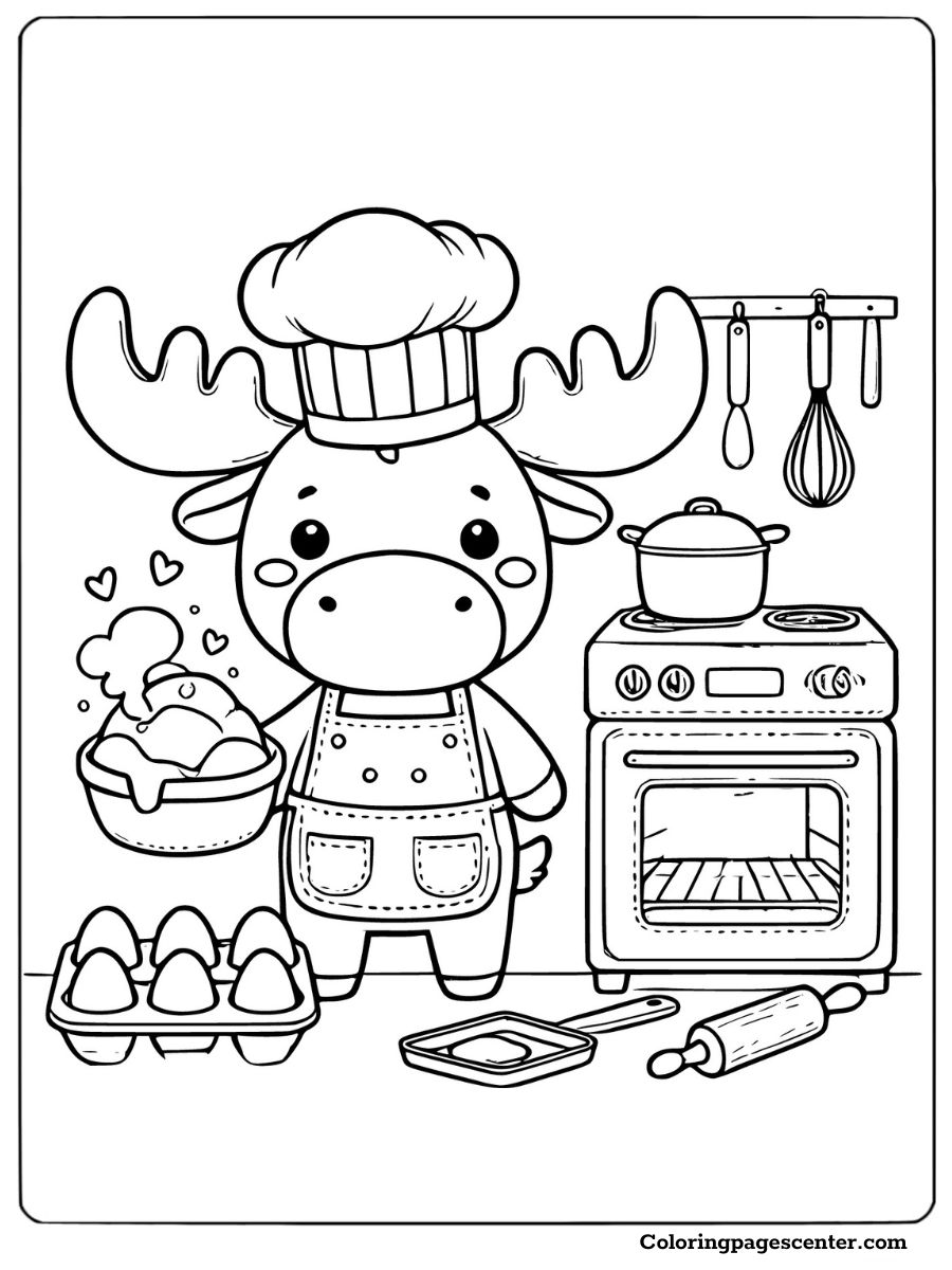 Moose in a chef outfit baking with eggs and an oven coloring page