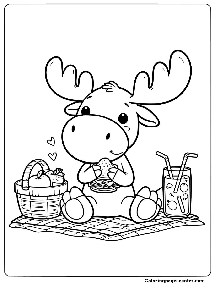 Moose enjoying a picnic with food and juice coloring page