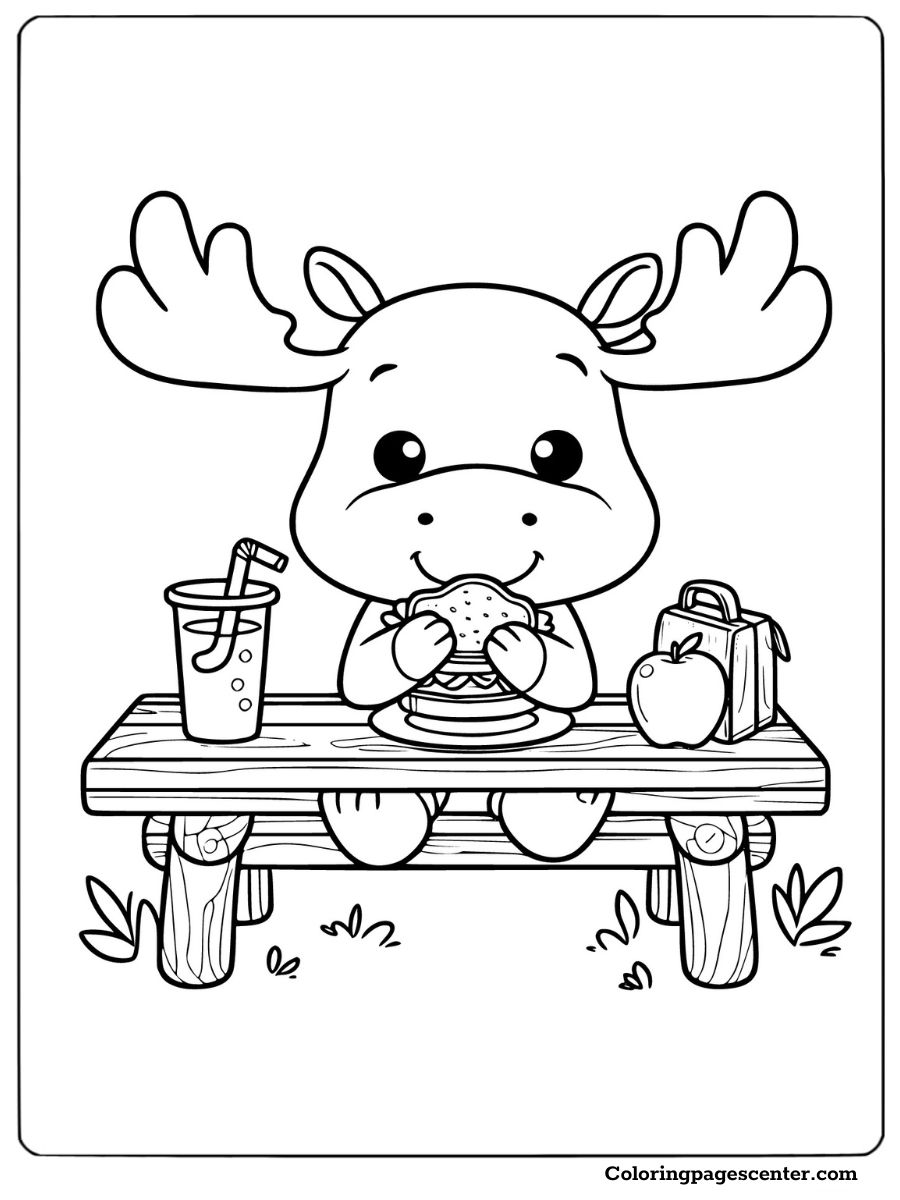 Moose sitting on a bench eating a meal with a drink coloring page