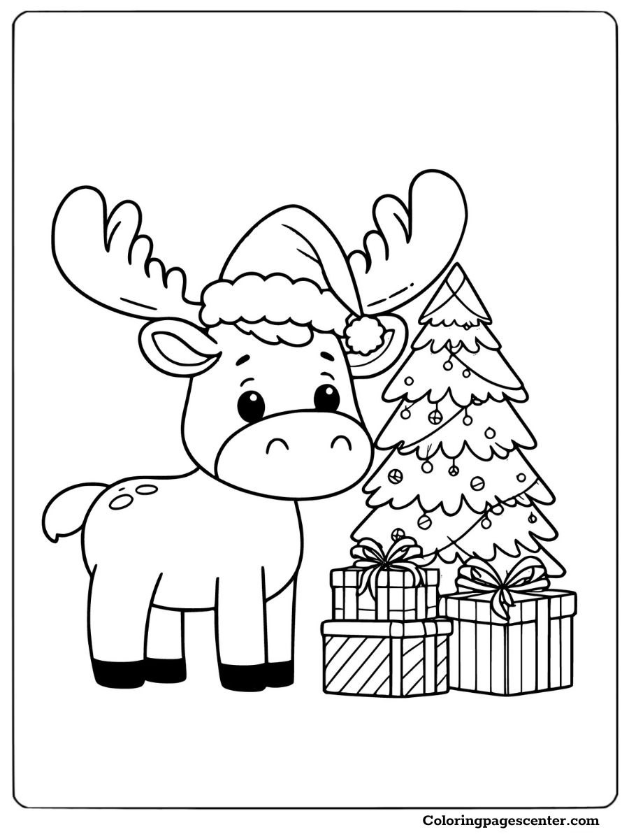 Adorable moose wearing a Santa hat with gifts and a tree coloring page