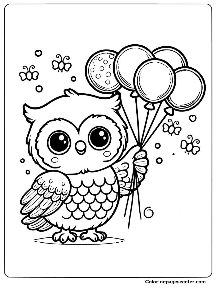 A cute owl holding balloons coloring page for children