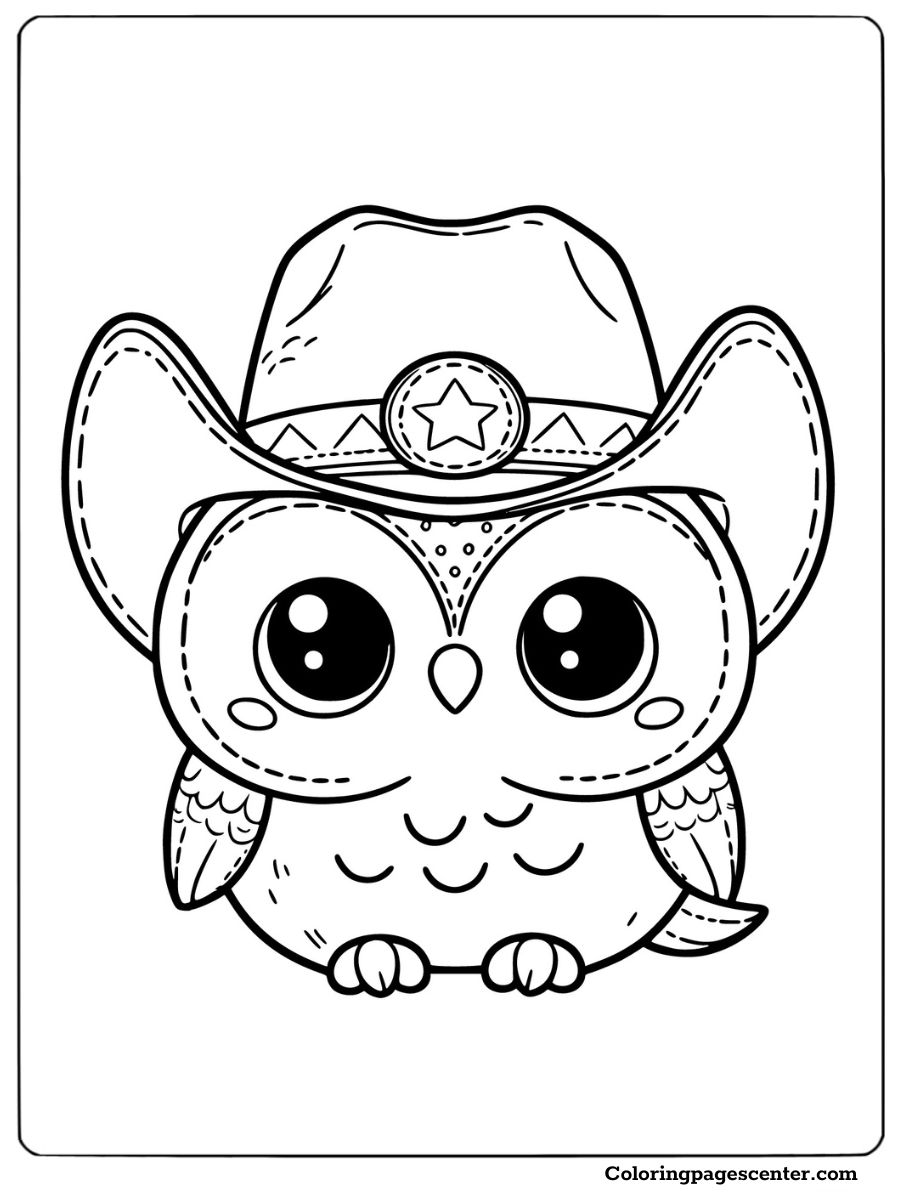 A cute owl with a cowboy hat coloring page for kids