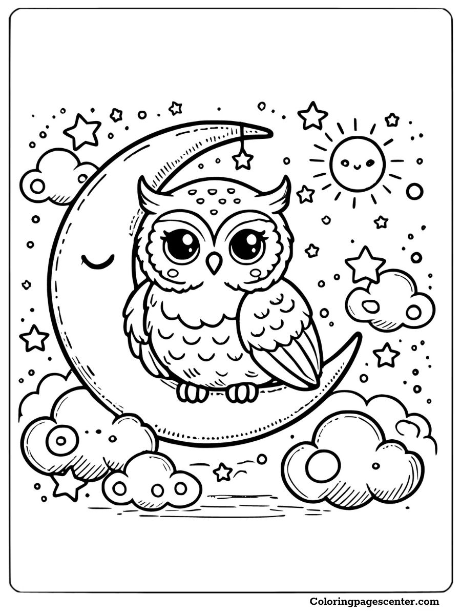 A cute owl sitting on a crescent moon coloring page for kids