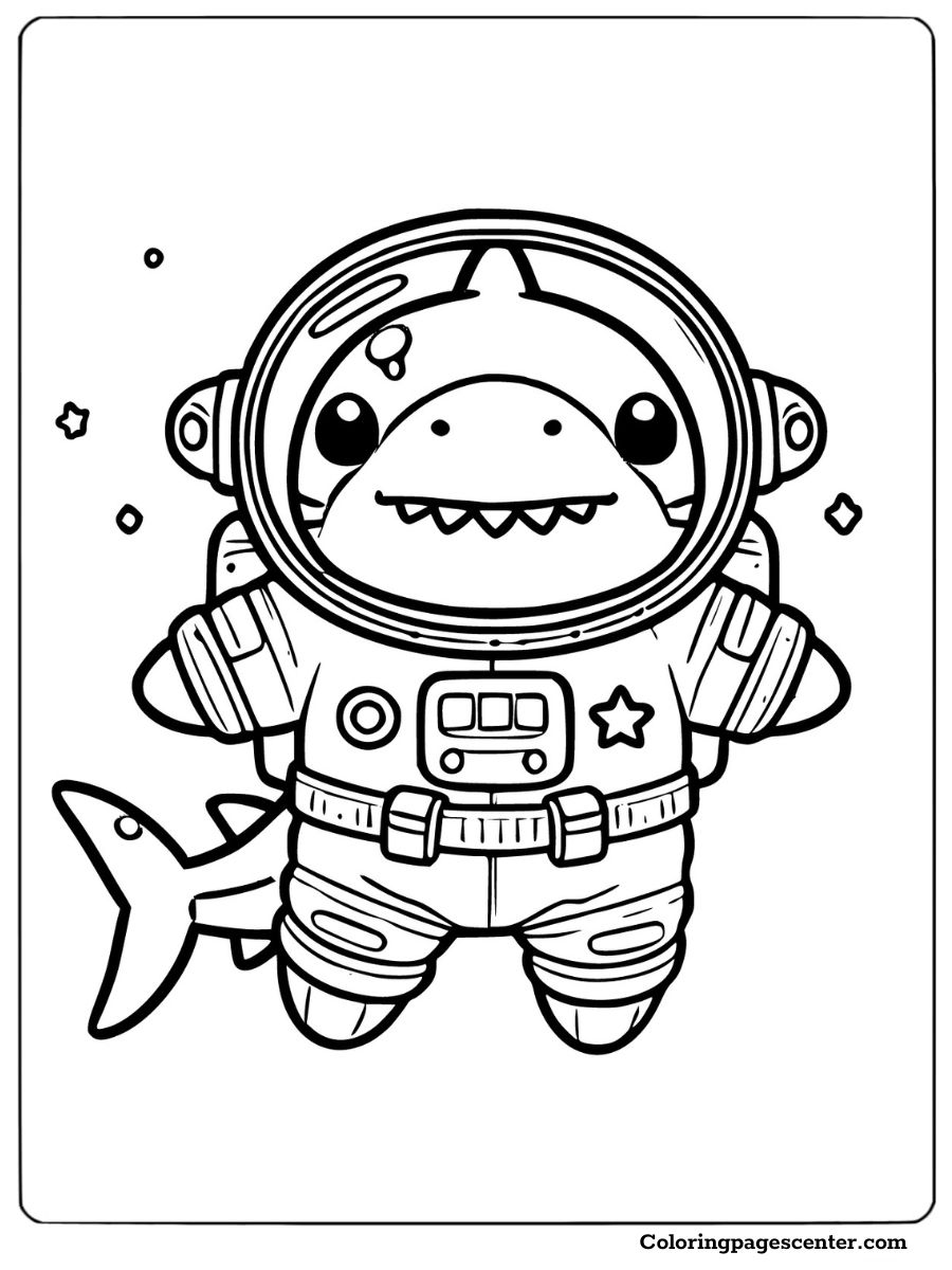 Cute shark floating in space wearing an astronaut suit coloring page