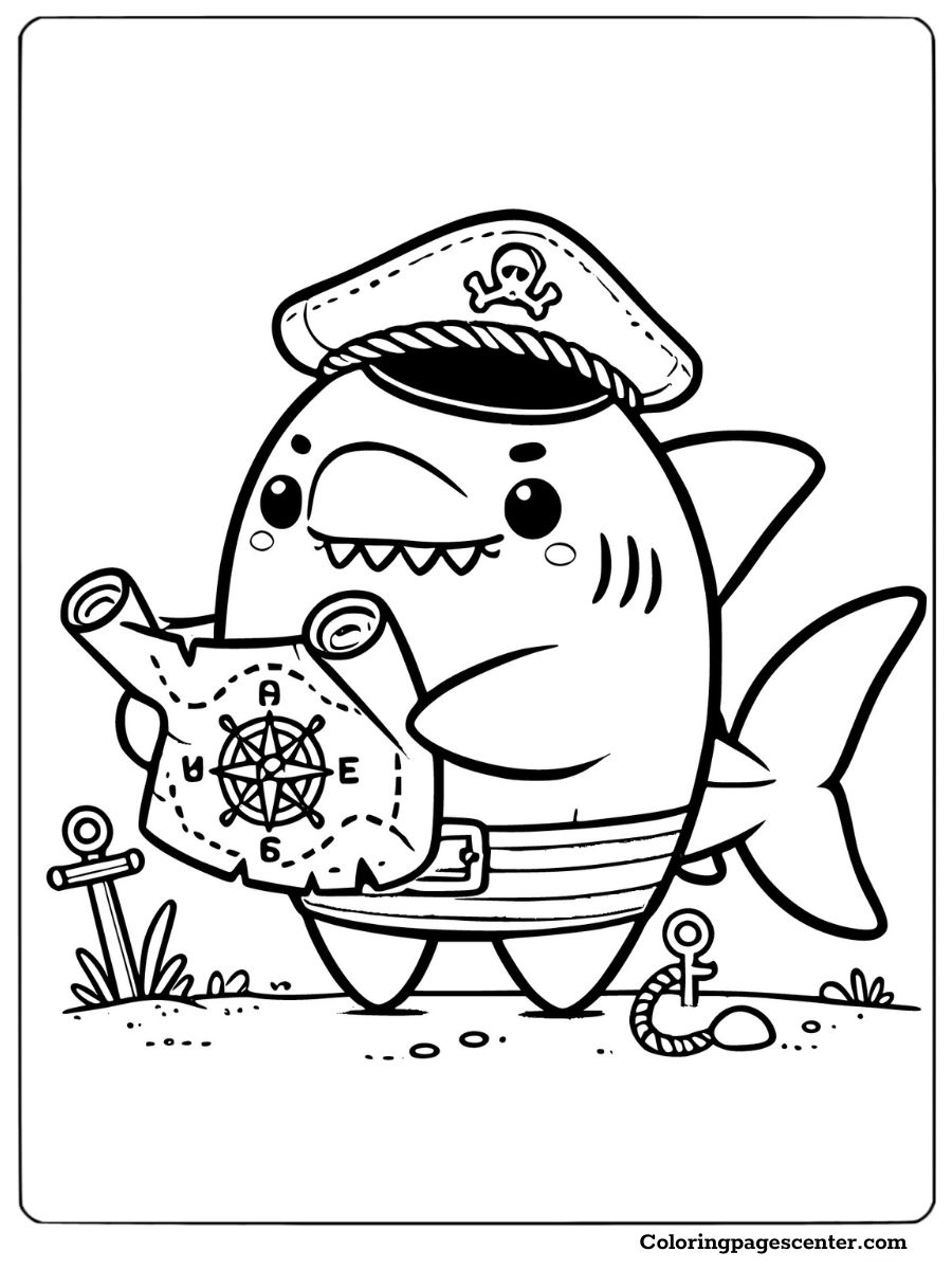 Playful cute shark dressed as a captain with a map coloring page