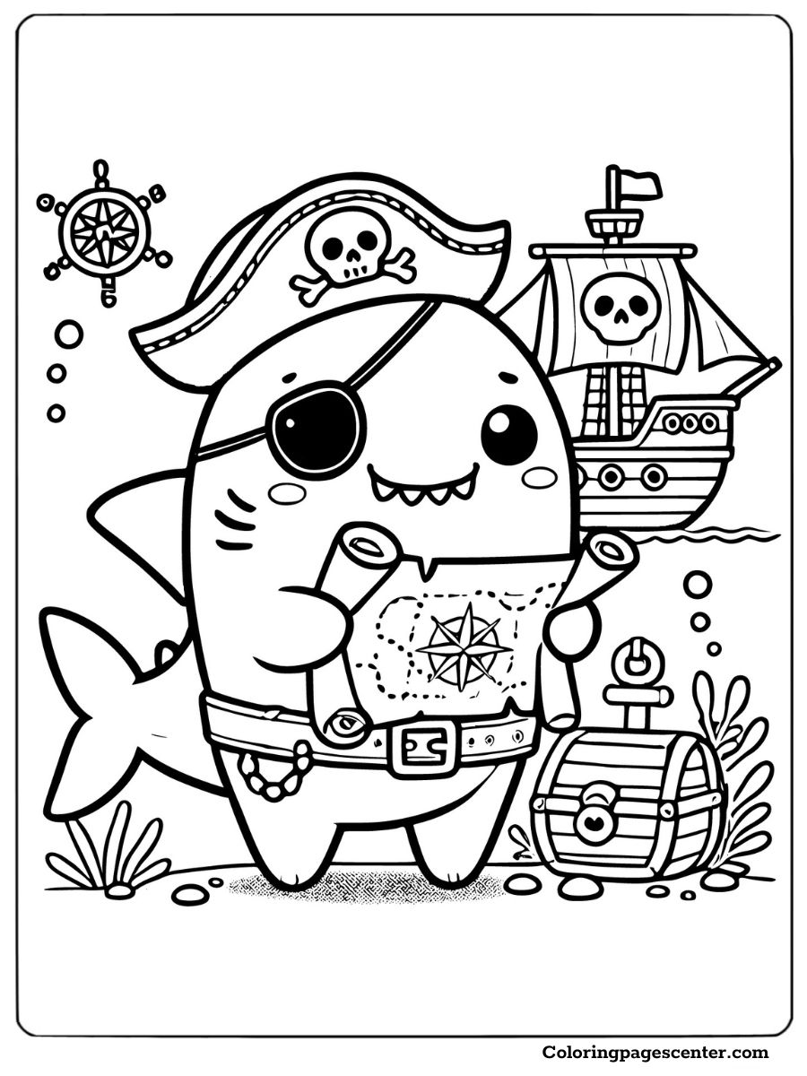 Adorable cute shark pirate holding a map next to a ship coloring page