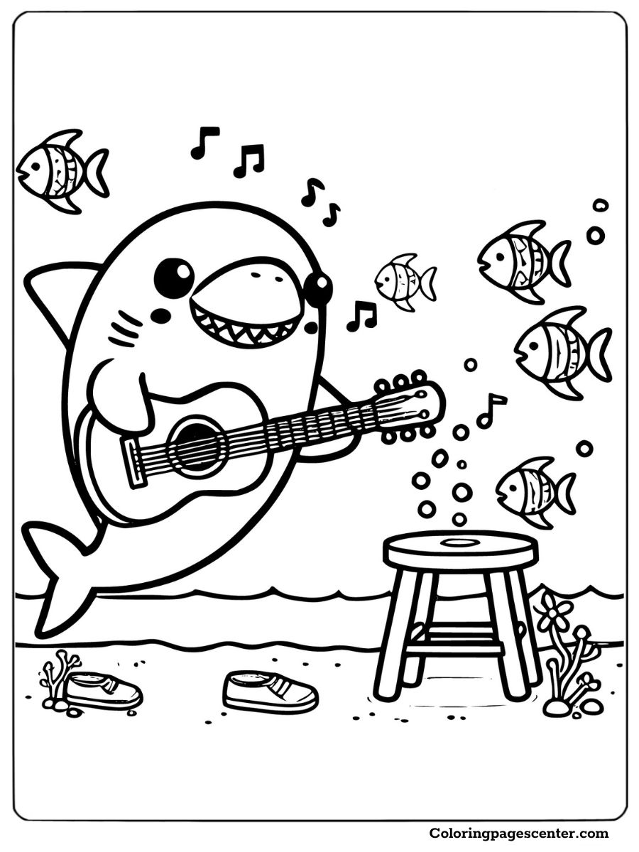 Cute shark playing guitar surrounded by fish and a stool coloring page