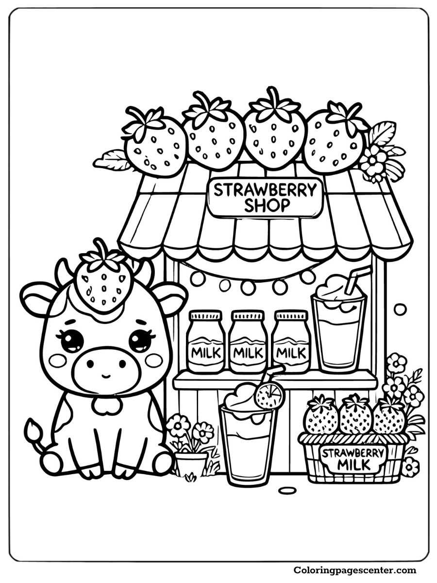 Cute strawberry cow outside a strawberry shop with milk bottles Coloring Page