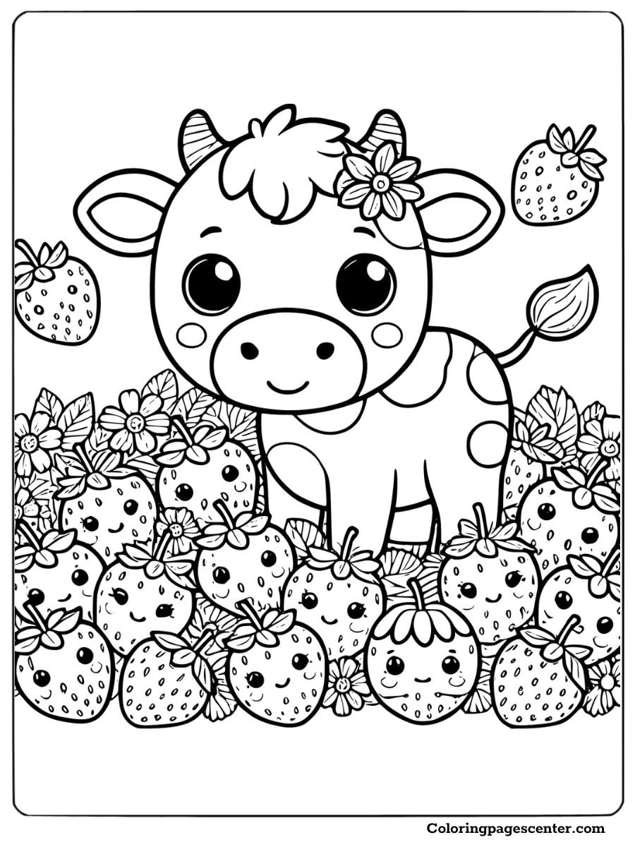 Cute strawberry cow in a field of strawberries and flowers Coloring Page