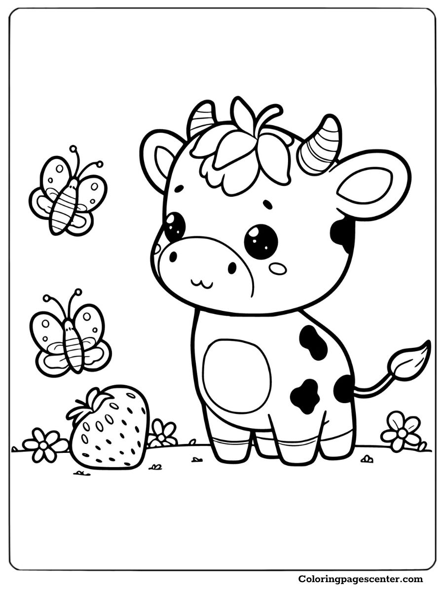 Cute strawberry cow with a strawberry and butterflies in a field Coloring Page