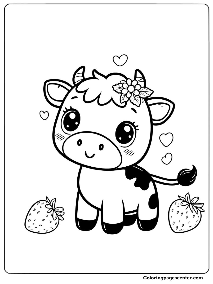 Cute strawberry cow with a flower crown and hearts Coloring Page