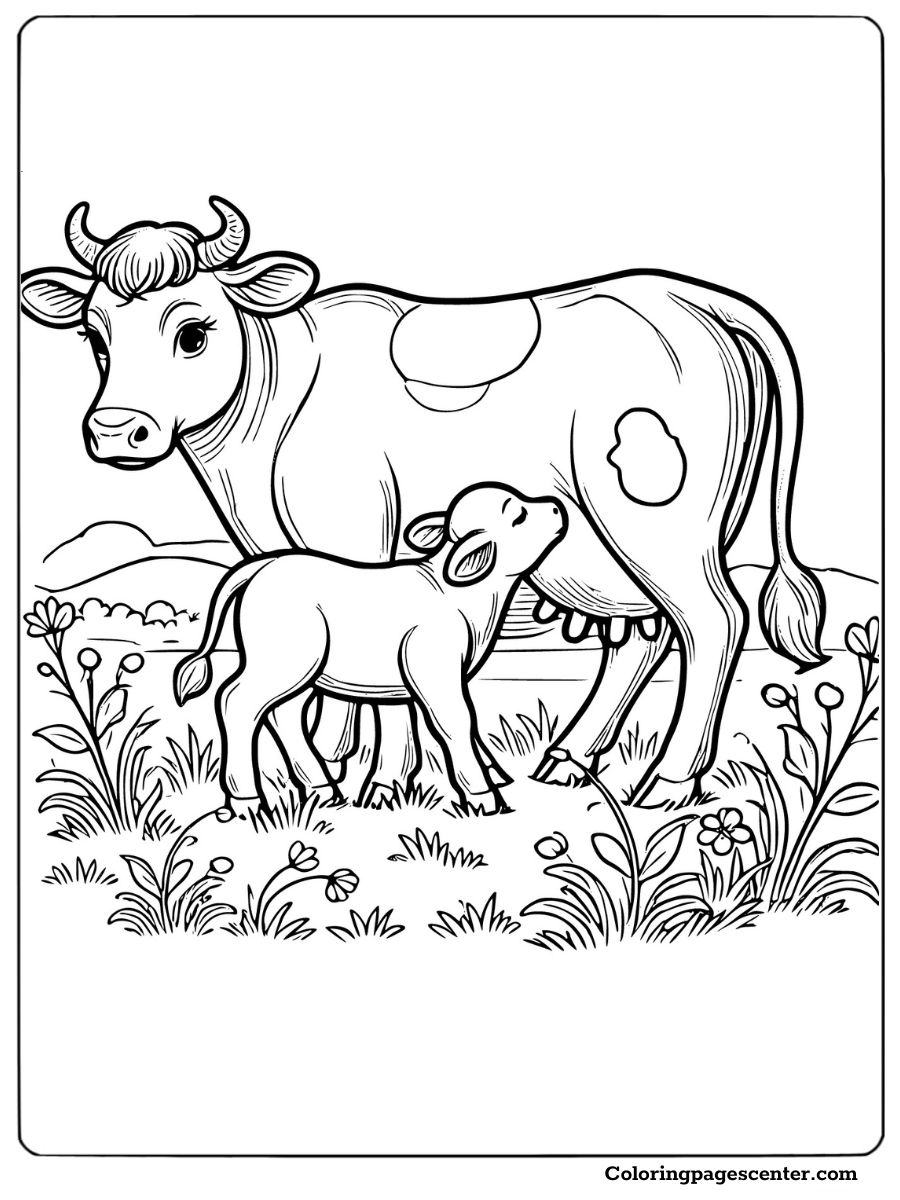 Dairy cow with calf on a farm coloring page