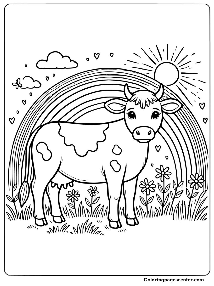 Rainbow and dairy cow in a meadow coloring page