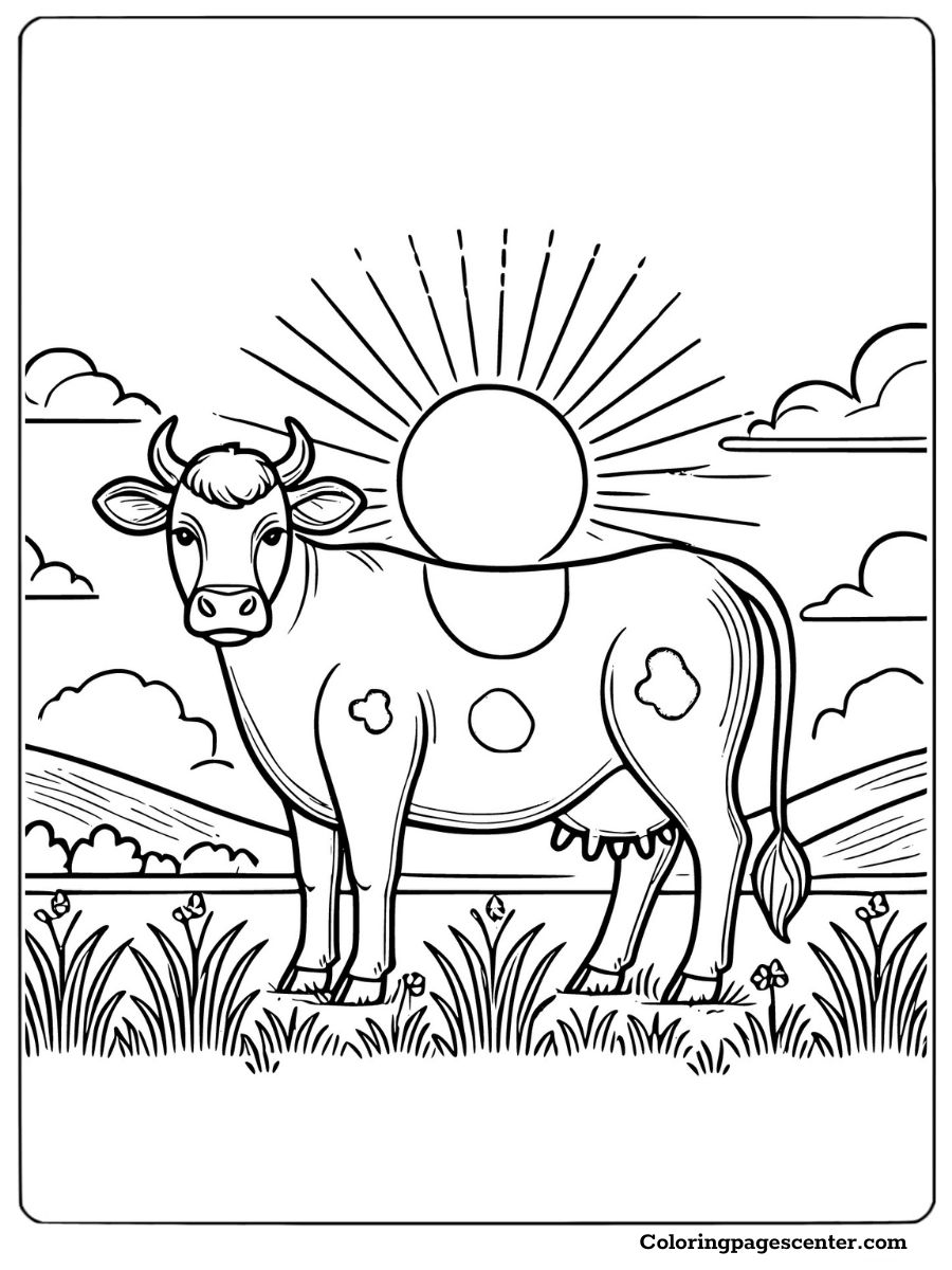 Dairy cow with sun in the background coloring page