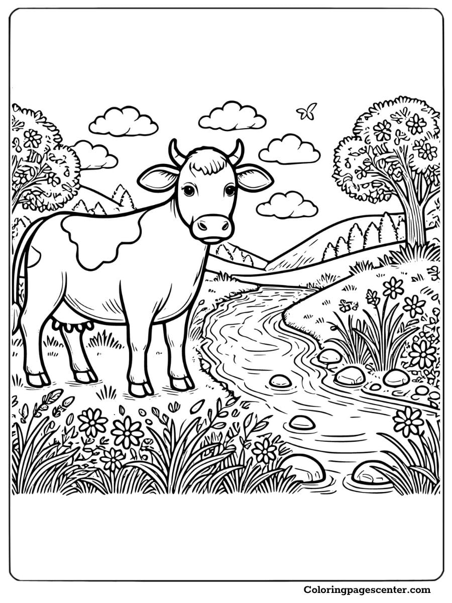 Dairy cow near a flowing stream coloring page