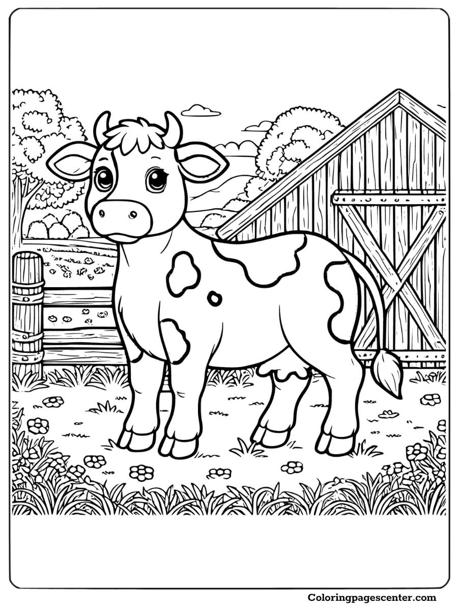 Dairy cow in a barnyard scene coloring page