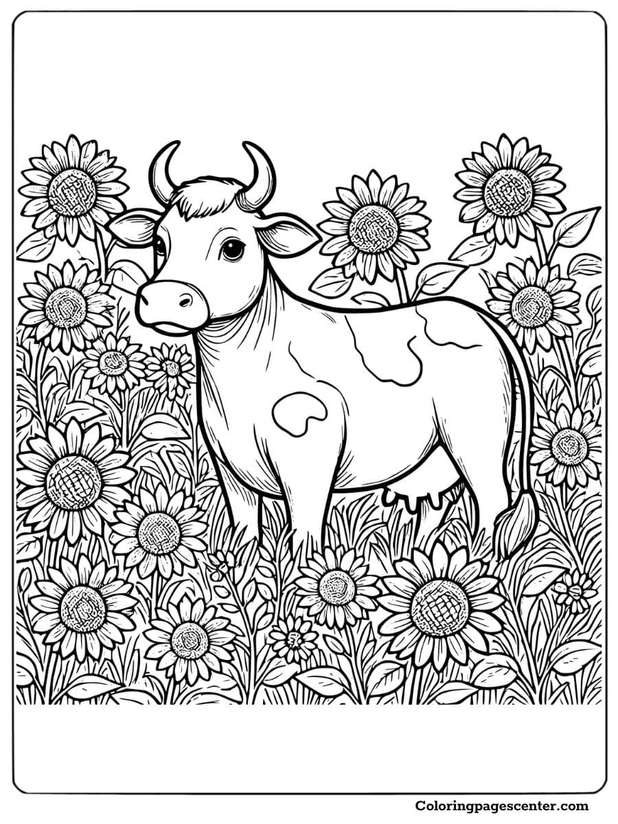 Dairy cow surrounded by sunflowers coloring page