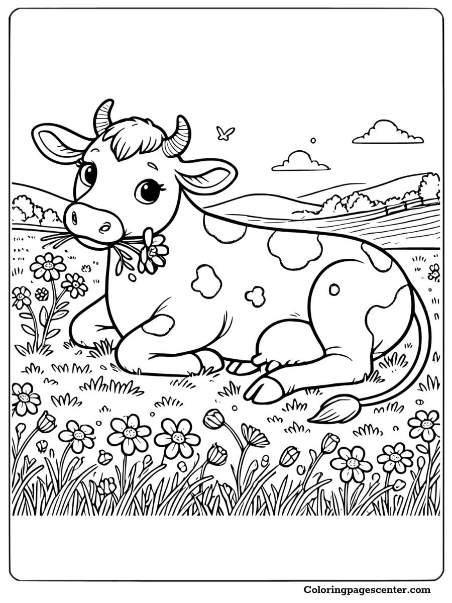 Resting dairy cow in a flower meadow coloring page