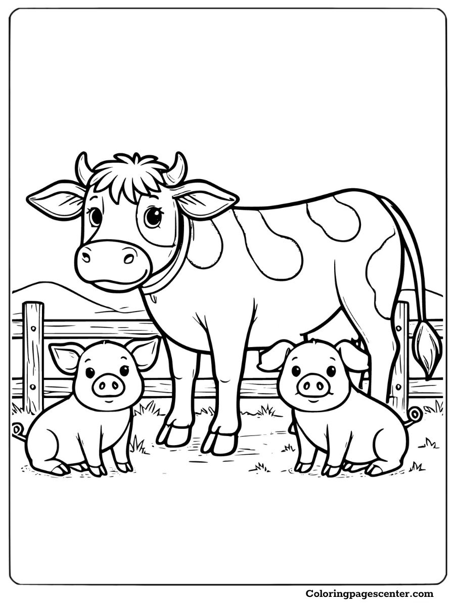 Dairy cow and piglets in farmyard coloring page