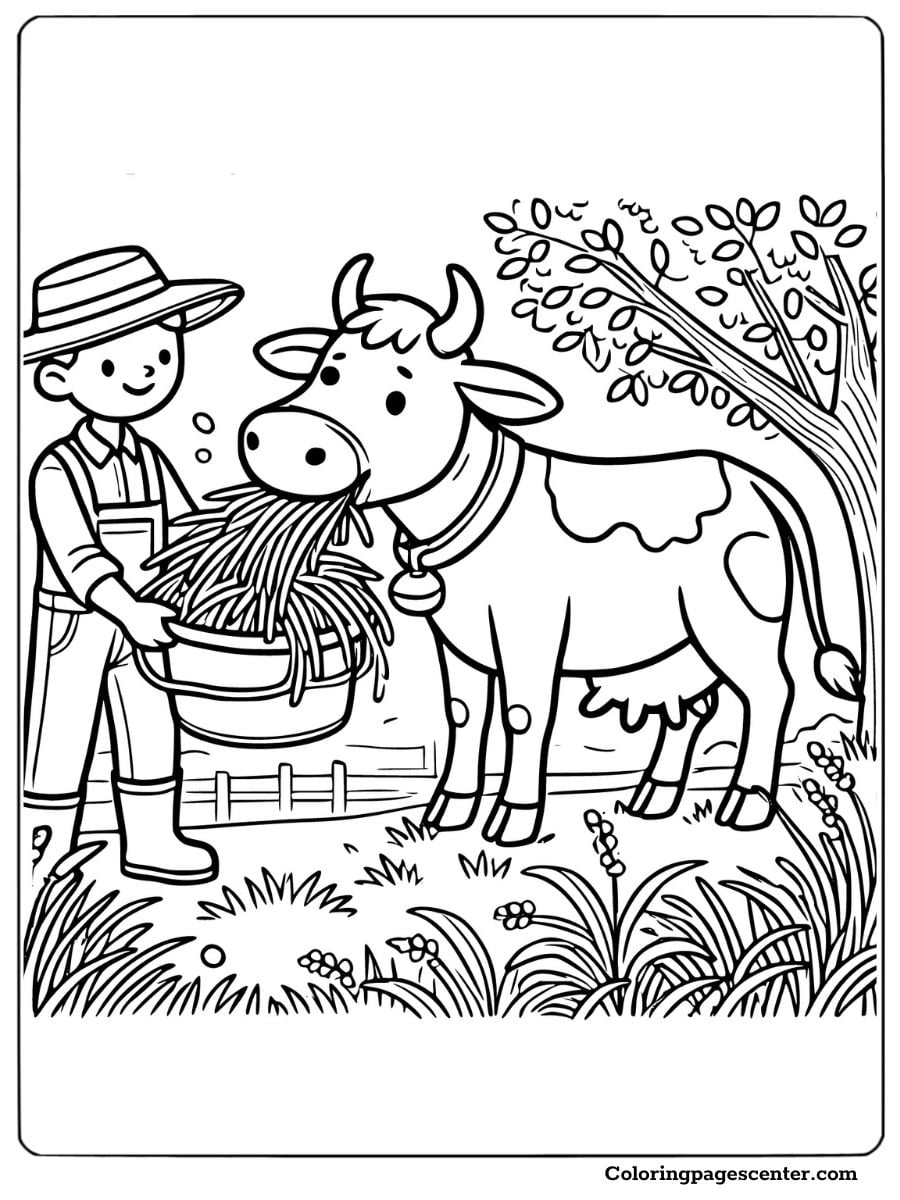 Farmer feeding a dairy cow with hay coloring page