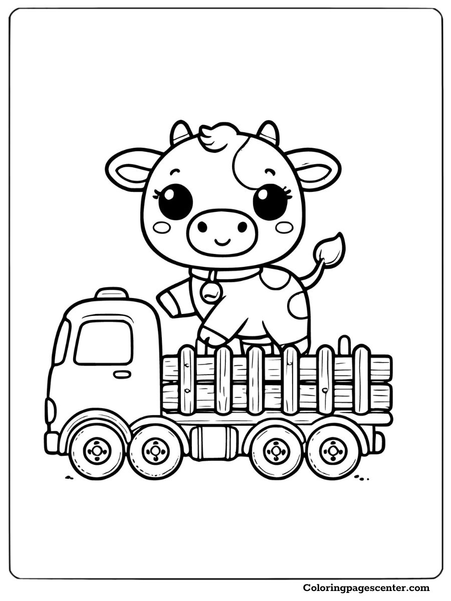 A cow riding a truck in an easy cow coloring picture