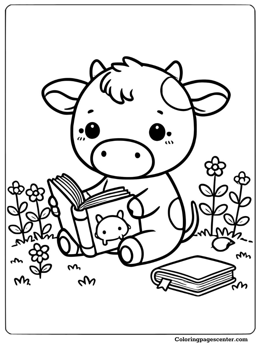 A cow reading a book in an easy cow coloring picture