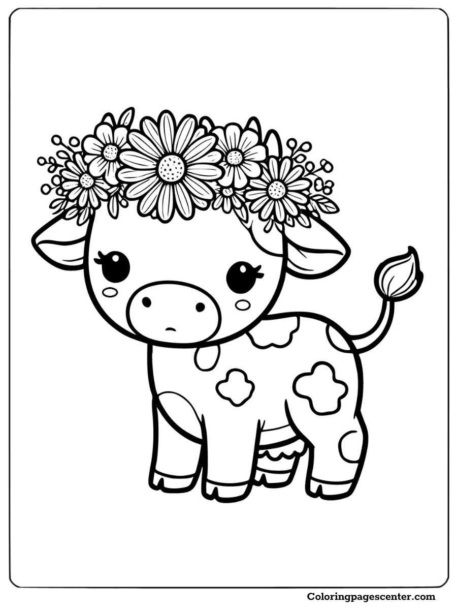 A cow with a flower crown in an easy cow coloring page