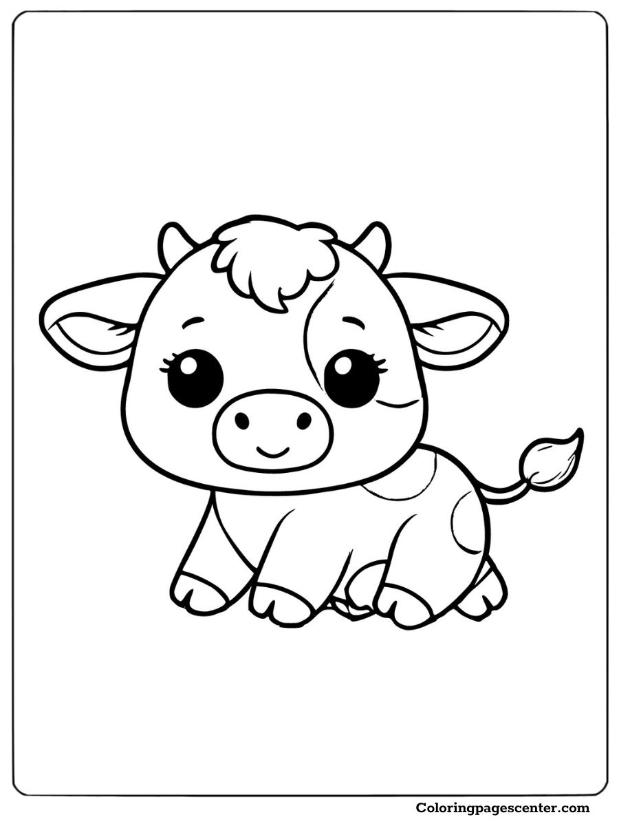 A sitting baby cow in a happy easy coloring page