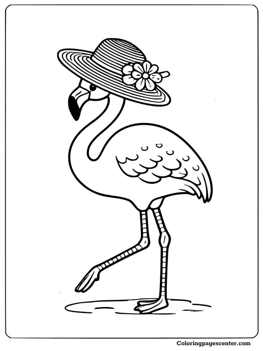 Coloring page of an easy flamingo wearing a decorative hat