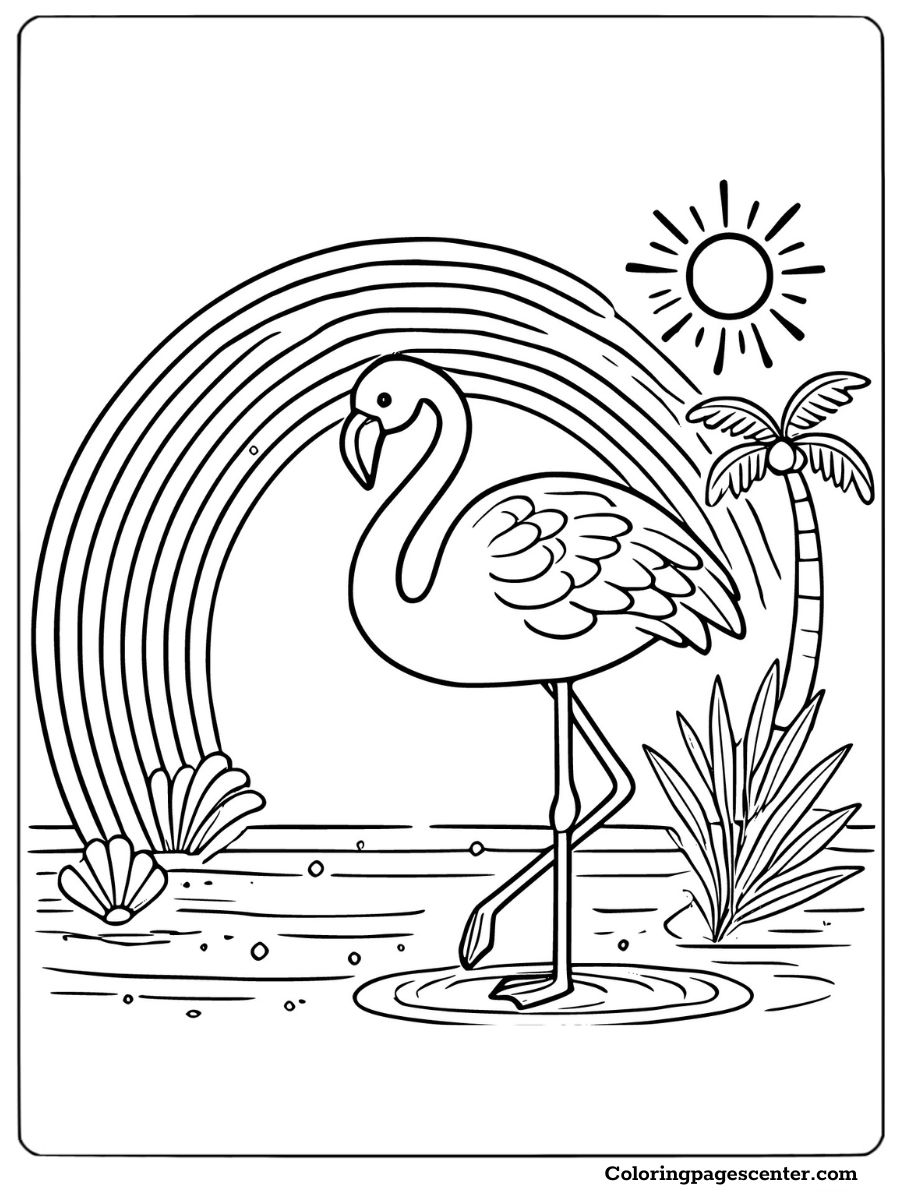 Flamingo coloring page with an easy tropical rainbow scene