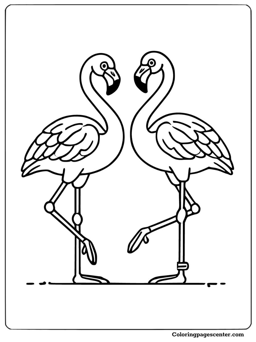 Easy flamingo coloring page showing a pair of flamingos