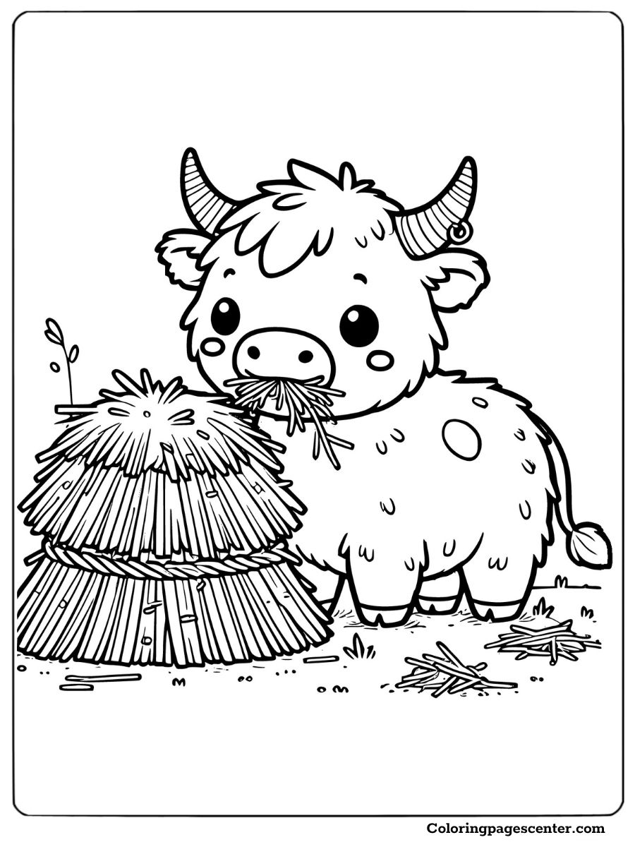 Highland cow eating hay easy coloring page