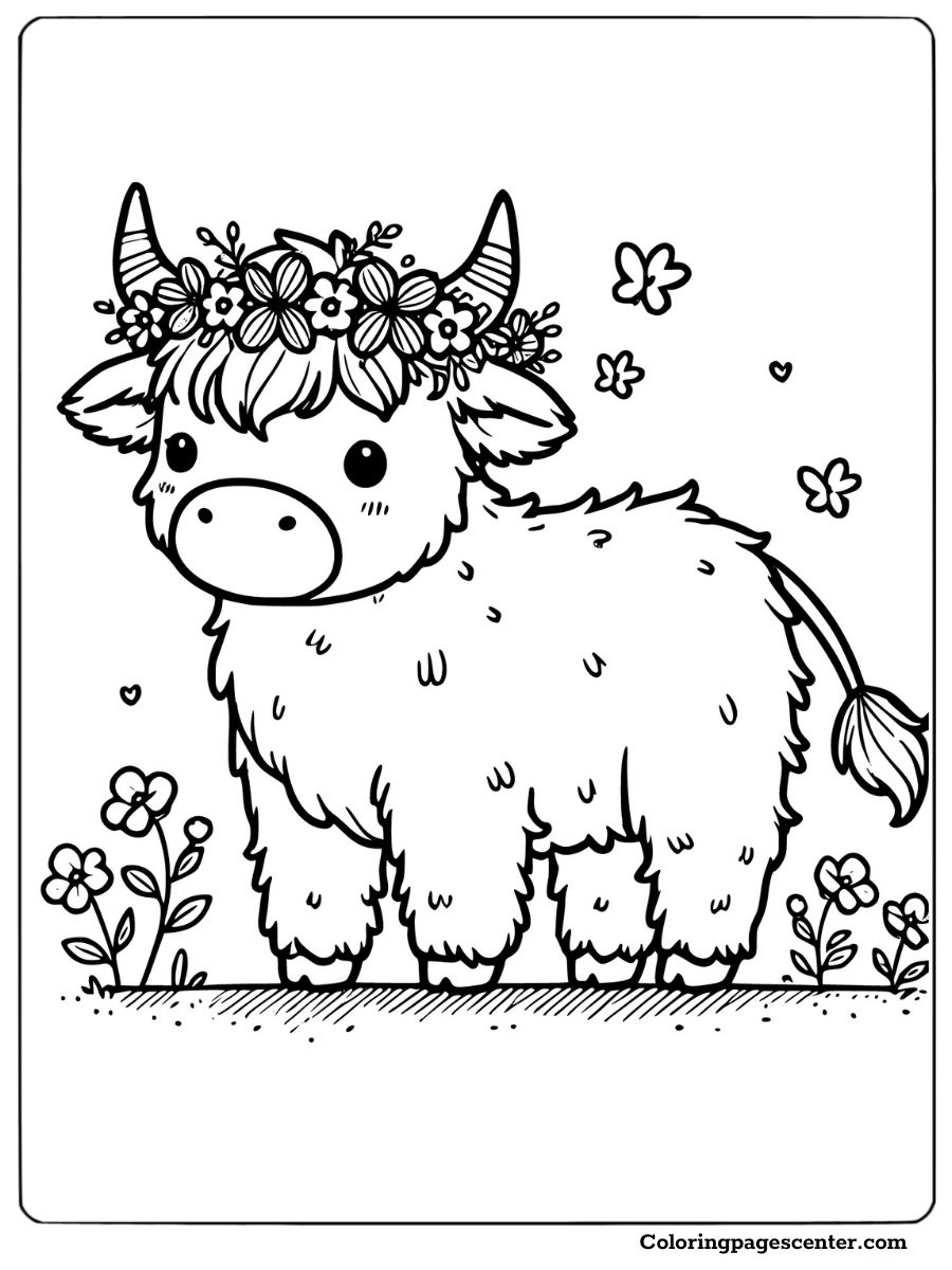 Easy coloring page of a highland cow with flowers