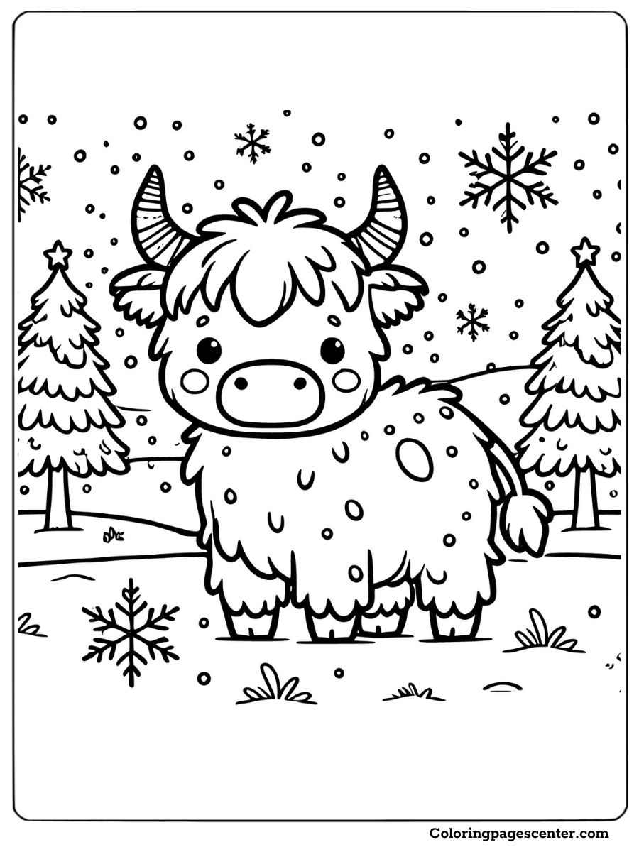 Simple highland cow with snowflakes coloring page